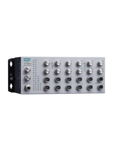 Moxa (TN-4524B-16P-4GP-4GBP-CT-T) EN 50155 24-port L2 switch with 16 FE PoE ports, 4 Gigabit ports (with bypass relay), 4 Gigabit PoE ports, 150 W PoE power budget, 24 to 110 VDC power input, -40 to 70°C operating temperature, IP42 rating, conformal coati