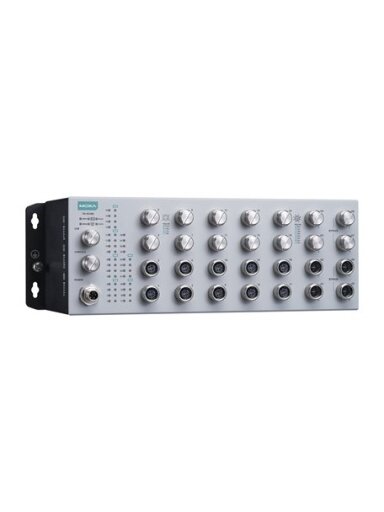 Moxa (TN-4528B-20P-4G-4GP-CT-T) EN 50155 28-port L2 switch including 20 FE PoE ports, 4 Gigabit ports, 4 Gigabit PoE ports, 150 W PoE power budget, 24 to 110 VDC power input, -40 to 70°C operating temperature, IP42, conformal coating