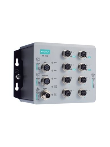 Moxa (TN-4908-4GPoE-4GTX-WV-CT-T) Industrial secure router with 8 Gigabit Ethernet ports including 4 Gigabit PoE+ ports, total 50 W power budget, 24 to 110 VDC power input, IP40, -40 to 70°C operating temperature, conformal coating