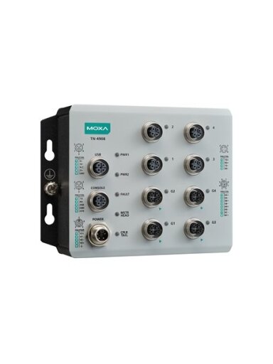 Moxa (TN-4908-4GTX-WV-CT-T) Industrial secure router with 4 Fast Ethernet ports, 4 Gigabit Ethernet ports, 24 to 110 VDC power input, IP40, -40 to 70°C operating temperature, conformal coating