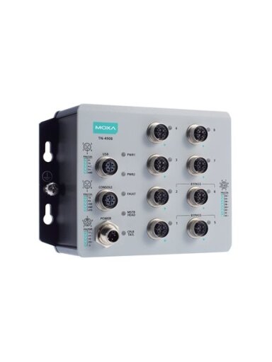 Moxa (TN-4908-ETBN-4GTX-4GTXBP-WV-CT-T) IEC 61375 ETBN industrial secure router with 8 Gigabit Ethernet ports including 4 Gigabit Ethernet ports with bypass relay, 24 to 110 VDC power input, IP40, -40 to 70°C operating temperature, conformal coating