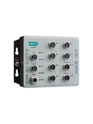 Moxa (TN-4908-ETBN-F-4GTXBP-WV-CT-T) IEC 61375 ETBN industrial secure firewall router with 4 Fast Ethernet ports, 4 Gigabit Ethernet ports with bypass relay, 24 to 110 VDC power input, IP40, -40 to 70°C operating temperature, conformal coating