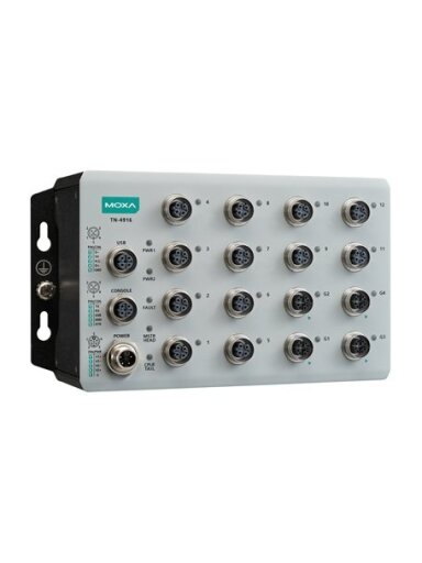 Moxa (TN-4916-4GTX-WV-CT-T) Industrial secure router with 12 Fast Ethernet ports, 4 Gigabit Ethernet ports, 24 to 110 VDC power input, IP40, -40 to 70°C operating temperature, conformal coating