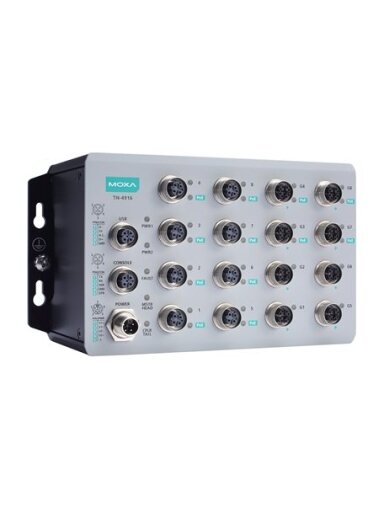 Moxa (TN-4916-8PoE-4GPoE-4GTX-WV-CT-T) Industrial secure router with 8 Fast Ethernet PoE+ ports, 8 Gigabit Ethernet ports including 4 Gigabit Ethernet PoE+ ports, total 95 W power budget for PoE+, 24 to 110 VDC power input, IP40, -40 to 70°C operating tem
