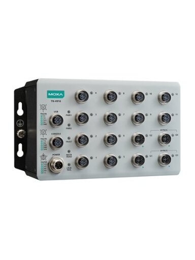 Moxa (TN-4916-ETBN-4GTXBP-WV-CT-T) IEC 61375 ETBN industrial secure router with 12 Fast Ethernet ports, 4 Gigabit Ethernet ports with bypass relay, 24 to 110 VDC power input, IP40, -40 to 70°C operating temperature, conformal coating