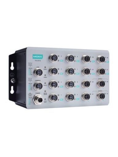 Moxa (TN-4916-ETBN-F-8PoE-4GPoE-4GTXBP-WV-CT-T) IEC 61375 ETBN industrial secure firewall routerwith 8 Fast Ethernet PoE+ ports, 8 Gigabit Ethernet ports including 4 Gigabit Ethernet PoE+ ports, 4 Gigabit Ethernet ports with bypass relay, total 95 W power