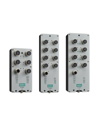 Moxa (TN-5308A-WV-T) EN 50155 unmanaged Ethernet switch with 8 10/100BaseT(X) ports, M12 connector, single power input, 24 to 110 VDC, -40 to 70°C operating temperature