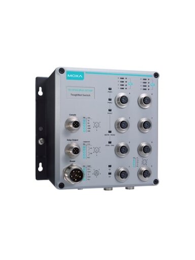 Moxa (TN-5510A-8PoE-2GTX-WV-CT-T) 8 10/100BaseT(X) with 802.3at PoE+ and 2 GE ports with M12 connector, power input 24 to 110 VDC, -40 to 75°C operating temperature, conformal coating