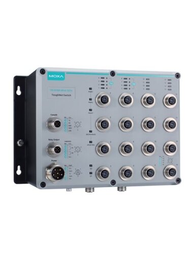 Moxa (TN-5518A-8PoE-2GTX-WV-CT-T) Layer 2 managed Ethernet switch with 8 10/100BaseT(X) ports and 8 802.3at PoE+ M12 connectors, 2 10/100/1000BaseT(X) M12 connectors, 24 to 110 VDC, -40 to 75°C operating temperature, conformal coating Moxa (TN-5518A-8PoE-2GTX-WV-CT-T) Layer 2 managed Ethernet switch with 8 10/100BaseT(X) ports and 8 802.3at PoE+ M12 connectors, 2 10/100/1000BaseT(X) M12 connectors, 24 to 110 VDC, -40 to 75°C operating temperature, conformal coating