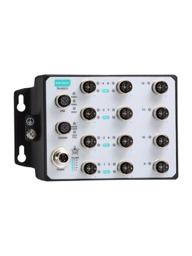 Moxa (TN-G6512-8GPoE-WV-CT-T) Layer 2 Managed Ethernet switch, 8 10/100/1000BaseT(X) with 802.3at PoE+, 4 10/100/1000BaseT(X) M12 connectors, 24 to 110 VDC power input, -40 to 70°C operating temperature, conformal coating model Moxa (TN-G6512-8GPoE-WV-CT-T) Layer 2 Managed Ethernet switch, 8 10/100/1000BaseT(X) with 802.3at PoE+, 4 10/100/1000BaseT(X) M12 connectors, 24 to 110 VDC power input, -40 to 70°C operating temperature, conformal coating model
