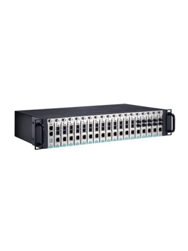 Moxa (TRC-2190-AC) 2U rackmount chassis, with a single 110 to 240 VAC input, 18 slots on the front panel, and CSM-MN01 managed module
