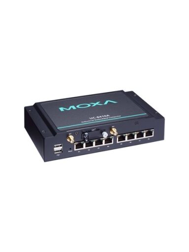 Moxa (UC-8410A-NW-T-LX) Arm-based wall-mount industrial computer with Cortex-A7 1 GHz dual-core, 1 GB DDR3L RAM, 8 serial ports, 4 DIs, 4 DOs, 3 Ethernet ports, 1 mSATA slot, 1 USB port, Debian 8, -40 to 75°C operating temperature