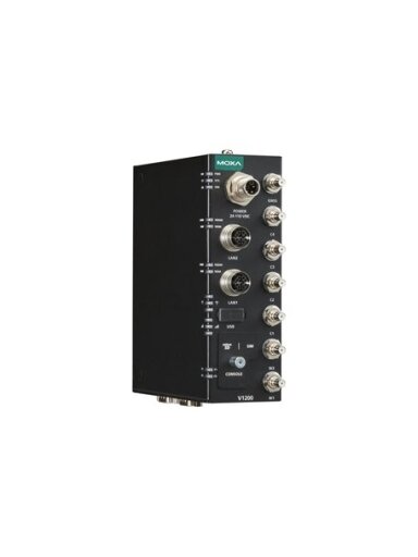Moxa (V1202-CT-T) Arm-based compact rail computer with 2 GbE ports, 1 USB port, 1 microSD slot, 24 to 110 VDC, -40 to 70°C operating temperature, conformal coating