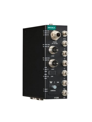Moxa (V1222-W-CT-T) Arm-based compact rail computer with 2 GbE ports, 2 serial ports, 1 USB port, 1 microSD slot, preinstalled Wi-Fi 6 and 5G modules, dual-SIM support, 24 to 110 VDC, -40 to 70°C operating temperature, conformal coating
