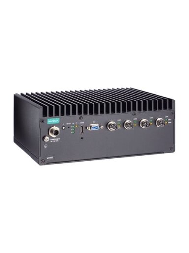 Moxa (V3210-TL1-4L-T) x86 computer with Intel® Celeron® 6305E processor, 4 GbE ports, 4 serial ports, 2 DIs, 2 DOs, 2 USB ports, 1 HDMI port, 1 VGA port, 2 2.5" SSD/HDD slots, 1 mPCIe slot, built-in TPM module, 24 to 110 VDC, -40 to 70°C operating tempera