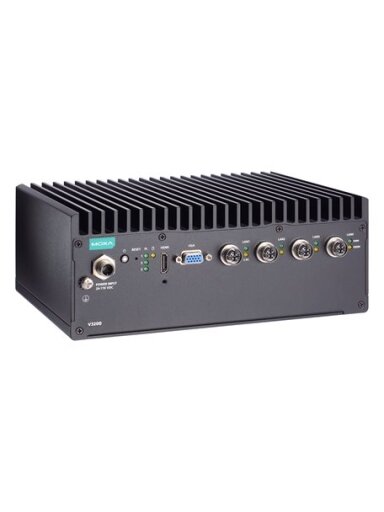 Moxa (V3210-TL7-4L-T) x86 computer with Intel® Core™ i7-1185GRE processor, 4 GbE ports, 4 serial ports, 2 DIs, 2 DOs, 2 USB ports, 1 HDMI port, 1 VGA port, 2 2.5" SSD slots, 1 mPCIe slot, built-in TPM module, 24 to 110 VDC, -40 to 70°C operating temperatu