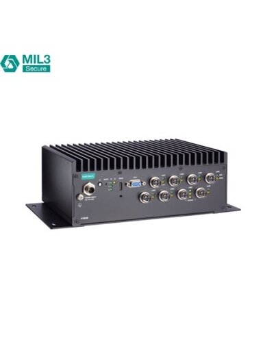 Moxa (V3210-TL7-8L-CT-T) x86 computer with Intel® Core™ i7-1185GRE processor, 8 GbE ports, 4 serial ports, 2 DIs, 2 DOs, 2 USB ports, 1 HDMI port, 1 VGA port, 2 2.5" SSD slots, 1 mPCIe slot, built-in TPM module, 24 to 110 VDC, -40 to 70°C operating temper