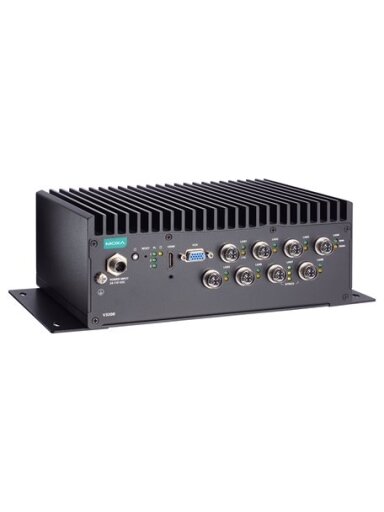 Moxa (V3210-TL7-8L-CT-T) x86 computer with Intel® Core™ i7-1185GRE processor, 8 GbE ports, 4 serial ports, 2 DIs, 2 DOs, 2 USB ports, 1 HDMI port, 1 VGA port, 2 2.5" SSD slots, 1 mPCIe slot, built-in TPM module, 24 to 110 VDC, -40 to 70°C operating temper