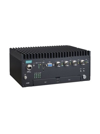 Moxa (V3404-TL3-W-CT-T) x86 computers with Intel® Core™ i3-1115G4E processor, 4 GbE ports, 2 serial ports, 2 DIs, 2 DOs, 2 USB 3.0 ports, 1 HDMI port, 1 VGA port, 2 hot-swappable HDD/SSD slots, multiple expansion slots for wireless modules, 24 to 110 VDC