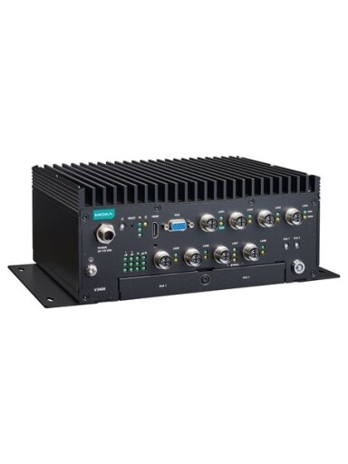 Moxa (V3408-TL3-W-CT-T) x86 computers with Intel® Core™ i3-1115G4E processor, 8 GbE ports, 2 serial ports, 2 DIs, 2 DOs, 2 USB 3.0 ports, 1 HDMI port, 1 VGA port, 2 hot-swappable HDD/SSD slots, multiple expansion slots for wireless modules, 24 to 110 VDC