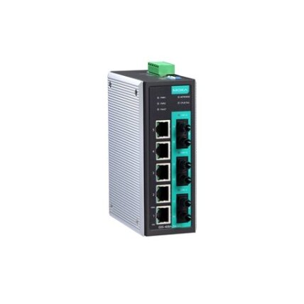 Moxa (EDS-408A-3M-ST-T) pradinio lygio valdomas Ethernet komutatorius, komplektacija: 5 10/100BaseT(X) prievadai, 3 100BaseFX daugiamodis prievadai su ST jungtys, Darbinė temperatūra: -40...75 °C