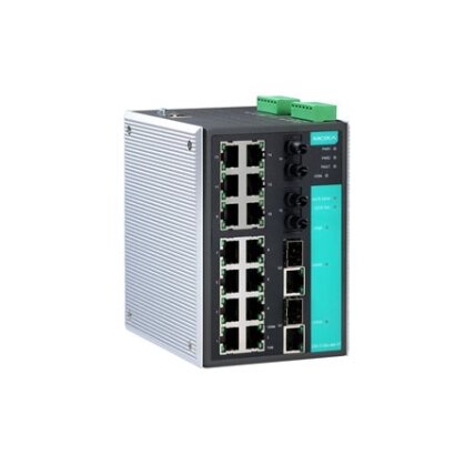 Moxa (EDS-518A-SS-SC-80) valdomas Gigabit Ethernet komutatorius, komplektacija: 14 10/100BaseT(X) prievadai, 2 100BaseFX vienamodis prievadai su SC jungtys skirta 80 km perdavimas, 2 kombinuotas 10/100/1000BaseT(X) arba 1000BaseSFP lizdai skirta pridedant 3