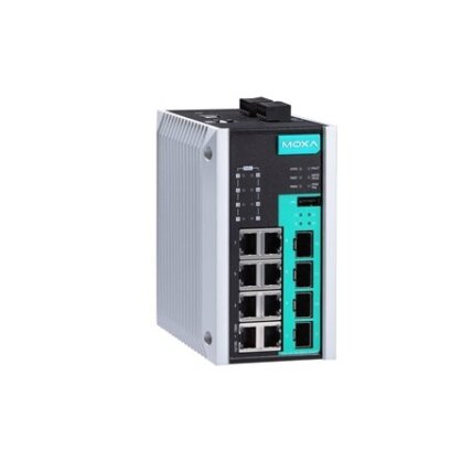 Moxa (EDS-G512E-4GSFP-T) 12 prievadų visi prievadai Gigabit, valdomas Ethernet komutatorius, komplektacija: 8 10/100/1000BaseT(X) prievadai, 4 Gigabit SFP lizdai, Darbinė temperatūra: -40...75 °C 2