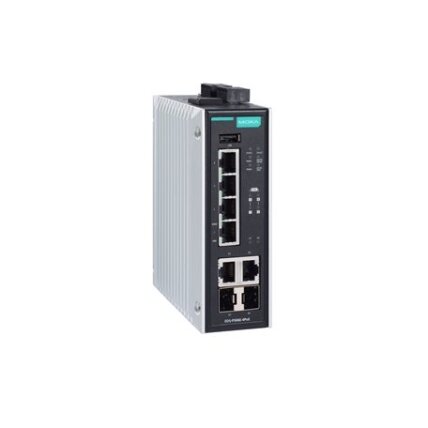 Moxa (EDS-P506E-4PoE-2GTXSFP) valdomas Ethernet komutatorius, komplektacija: 4 PoE+/60W 10/100BaseT(X) prievadai, 2 kombinuotas 10/100/1000BaseT(X) arba 100/1000BaseSFP prievadai, dvigubas 12/24/48 VDC maitinimo įėjimai, Darbinė temperatūra: -10...60 °C