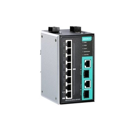 Moxa (EDS-P510A-8PoE-2GTXSFP) valdomas Gigabit Ethernet komutatorius, komplektacija: 8 PoE/PoE+ 10/100BaseT(X) prievadai, 2 kombinuotas 10/100/1000BaseT(X) arba 100/1000BaseSFP lizdai skirta pridedant SFP-1G/1FE serija Gigabit/Fast Ethernet moduliai, Darb