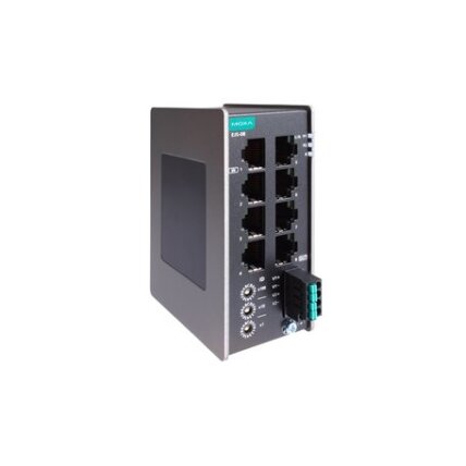 Moxa (EJS-08-T) kompaktiškas pramoninis EtherCAT jungiamoji, komplektacija: 8 100BaseT(X) prievadai, dvigubas 12/24/48 VDC maitinimo įėjimai, Darbinė temperatūra: -40...75 °C