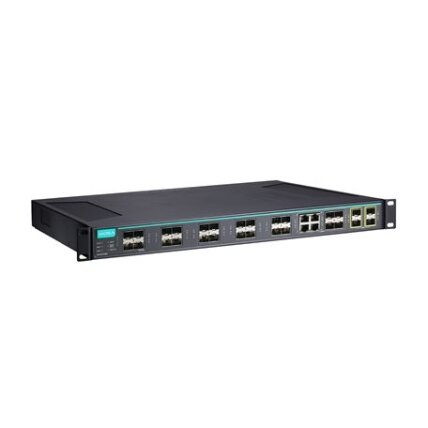 Moxa (ICS-G7528A-20GSFP-4XG-HV-HV-T) 2 lygmens visi prievadai Gigabit, valdomas Ethernet komutatorius, komplektacija: 20 100/1000BaseSFP lizdai, 4 10/100/1000BaseT(X) arba 100/1000BaseSFP lizdas kombinuoti prievadai, 4 10GbE SFP+ lizdai, 2 galvaniškai ats