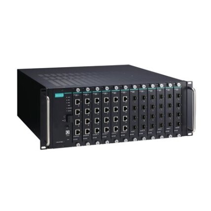 Moxa (ICS-G7748A-HV-HV) visi prievadai Gigabit, modulinis valdomas Ethernet komutatorius sistema, komplektacija: 12 lizdai skirta 4 prievadų Gigabit Ethernet sąsaja moduliai, 2 galvaniškai atskirti maitinimo šaltiniai (85...264 VAC), skirta a bendras of u 1