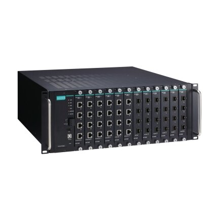 Moxa (ICS-G7748A-HV-HV) visi prievadai Gigabit, modulinis valdomas Ethernet komutatorius sistema, komplektacija: 12 lizdai skirta 4 prievadų Gigabit Ethernet sąsaja moduliai, 2 galvaniškai atskirti maitinimo šaltiniai (85...264 VAC), skirta a bendras of u 2