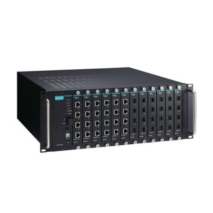 Moxa (ICS-G7748A-HV-HV) visi prievadai Gigabit, modulinis valdomas Ethernet komutatorius sistema, komplektacija: 12 lizdai skirta 4 prievadų Gigabit Ethernet sąsaja moduliai, 2 galvaniškai atskirti maitinimo šaltiniai (85...264 VAC), skirta a bendras of u
