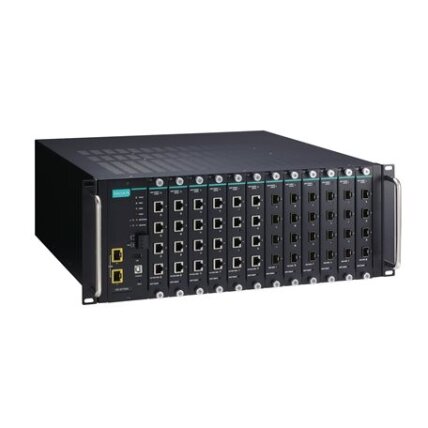 Moxa (ICS-G7750A-2XG-HV-HV) visi prievadai Gigabit, modulinis valdomas Ethernet komutatorius sistema, komplektacija: 2 10GbE SFP+ lizdai, 12 lizdai skirta 4 prievadų Gigabit Ethernet sąsaja moduliai, 2 galvaniškai atskirti maitinimo šaltiniai (85...264 VA