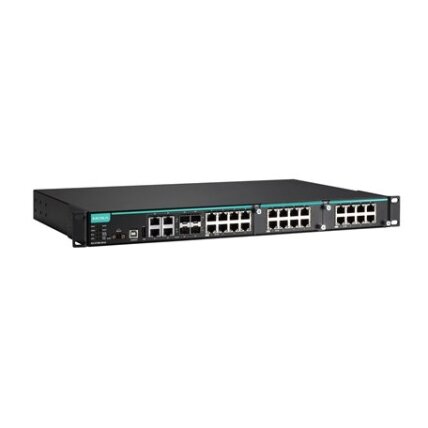 Moxa (IKS-6728A-8PoE-4GTXSFP-48-48-T) modulinis valdomas Montuojamas į spintą Ethernet PoE+ komutatorius, komplektacija: 8 built-viduje 10/100BaseT(X) PoE+ prievadai, 4 Gigabit varinis/SFP kombinuoti prievadai, 2 lizdai skirta Fast Ethernet PoE+ moduliai. 2