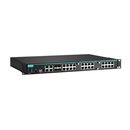 Moxa (IKS-6728A-8PoE-4GTXSFP-48-48-T) modulinis valdomas Montuojamas į spintą Ethernet PoE+ komutatorius, komplektacija: 8 built-viduje 10/100BaseT(X) PoE+ prievadai, 4 Gigabit varinis/SFP kombinuoti prievadai, 2 lizdai skirta Fast Ethernet PoE+ moduliai. 3