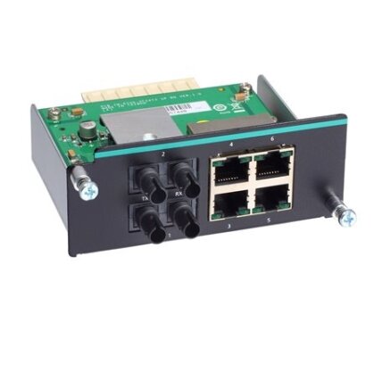 Moxa (IM-6700A-2MST4TX) Fast Ethernet modulis, komplektacija: 2 daugiamodis 100BaseFX prievadai su ST jungtys, 4 10/100BaseT(X) prievadai Moxa (IM-6700A-2MST4TX) Fast Ethernet modulis, komplektacija: 2 daugiamodis 100BaseFX prievadai su ST jungtys, 4 10/100BaseT(X) prievadai