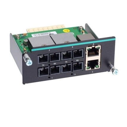 Moxa (IM-6700A-4SSC2TX) Fast Ethernet modulis, komplektacija: 4 vienamodis 100BaseFX prievadai su SC jungtys, 2 10/100BaseT(X) prievadai Moxa (IM-6700A-4SSC2TX) Fast Ethernet modulis, komplektacija: 4 vienamodis 100BaseFX prievadai su SC jungtys, 2 10/100BaseT(X) prievadai