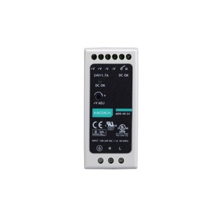 Moxa (MDR-40-24) DIN bėgelio 24 VDC maitinimo šaltinis, komplektacija: 40W/1.7A, 85...264 VAC, arba 120...370 VDC įėjimas, Darbinė temperatūra: -20...70 °C