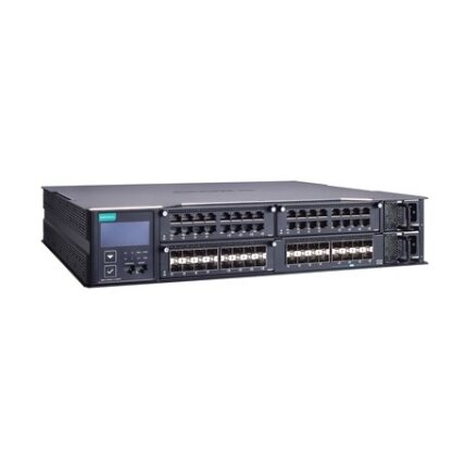 Moxa (MRX-G4064-L3-8XGS) 3 lygmens modulinis valdomas Gigabit Ethernet komutatorius, komplektacija: 3 lizdai skirta 16 prievadų Gigabit Ethernet moduliai, 8 10GbE SFP+ lizdai, 2 galvaniškai atskirti maitinimo šaltiniai (90...264 VAC), Darbinė temperatūra: