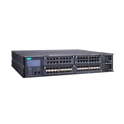 Moxa (MRX-Q4064-L3-16XGS) 3 lygmens modulinis valdomas 2.5 Gigabit Ethernet komutatorius, komplektacija: 16 10GbE SFP+ prievadai, 3 lizdai skirta 16 prievadų Gigabit arba 2.5 Gigabit Ethernet moduliai, 2 galvaniškai atskirti maitinimo šaltiniai (90...264
