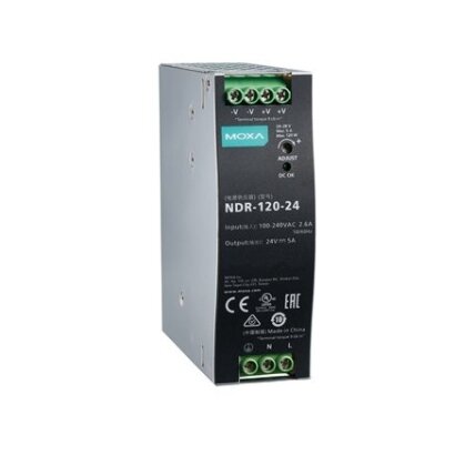 Moxa (NDR-120-24) 120 W/5.0 A DIN bėgelio 24 VDC maitinimo šaltinis, Universalus 90...264 VAC arba 127...370 VDC įėjimas įtampa, Darbinė temperatūra: -20...70 °C