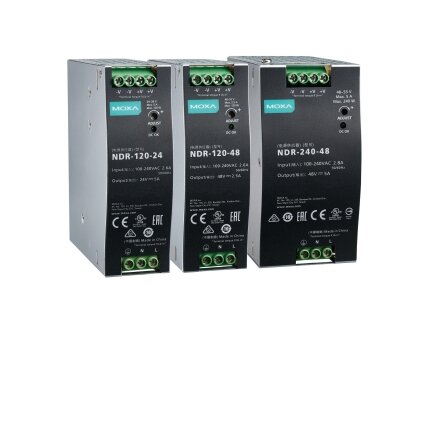 Moxa (NDR-120-48) 120 W/2.5 A DIN bėgelio 48 VDC maitinimo šaltinis, Universalus 90...264 VAC arba 127...370 VDC įėjimas įtampa, Darbinė temperatūra: -20...70 °C 2