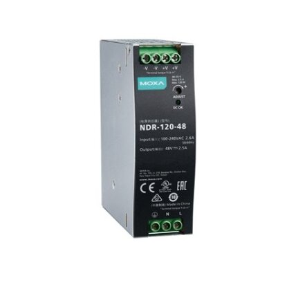 Moxa (NDR-120-48) 120 W/2.5 A DIN bėgelio 48 VDC maitinimo šaltinis, Universalus 90...264 VAC arba 127...370 VDC įėjimas įtampa, Darbinė temperatūra: -20...70 °C