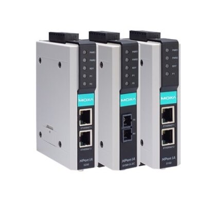 Moxa (NPort IA-5250I) 2 prievadų RS-232/422/485 įrenginių serveris, komplektacija: 2 100BaseT(X) prievadai (RJ45 jungtys, vienas IP), 2 KV optinis galvaninis atskyrimas, Darbinė temperatūra: 0...55 °C 1