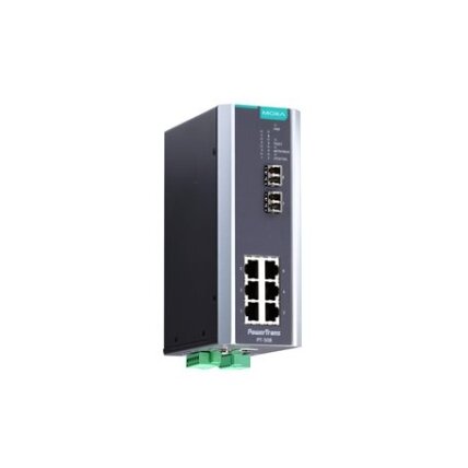 Moxa (PT-508-MM-LC-48) IEC 61850-3 valdomas DIN bėgelio Ethernet komutatorius,, komplektacija: 6 10/100BaseT(X) prievadai, ir 2 100BaseFX daugiamodis prievadai su LC jungtys, 1 galvaniškai atskirtas maitinimo šaltinis (48 VDC), Darbinė temperatūra: -40...
