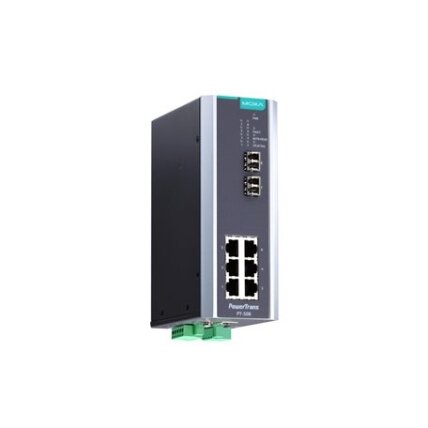 Moxa (PT-508-SS-LC-48) IEC 61850-3 valdomas DIN bėgelio Ethernet komutatorius,, komplektacija: 6 10/100BaseT(X) prievadai ir 2 100BaseFX vienamodis prievadai su LC jungtys, 1 galvaniškai atskirtas maitinimo šaltinis (48 VDC), Darbinė temperatūra: -40...85