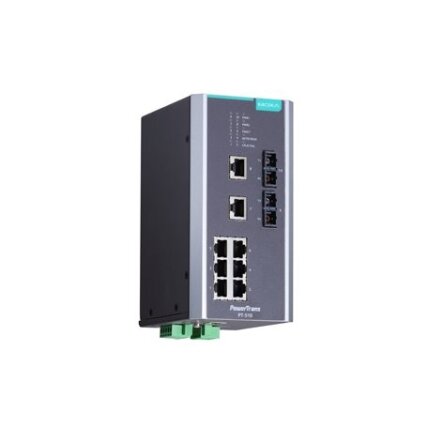 Moxa (PT-510-MM-SC-48) IEC 61850-3 valdomas DIN bėgelio Ethernet komutatorius,, komplektacija: 8 10/100BaseT(X) prievadai ir 2 100BaseFX daugiamodis prievadai su SC jungtys, 1 galvaniškai atskirtas maitinimo šaltinis (48 VDC), Darbinė temperatūra: -40...8