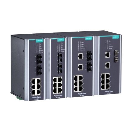 Moxa (PT-510-SS-LC-48) IEC 61850-3 valdomas DIN bėgelio Ethernet komutatorius,, komplektacija: 8 10/100BaseT(X) prievadai ir 2 100BaseFX vienamodis prievadai su LC jungtys, 1 galvaniškai atskirtas maitinimo šaltinis (48 VDC), Darbinė temperatūra: -40...85 2